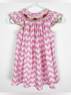 Lolly Wolly Doodle Dress Girls Size 8 Smocked Turtle Pink White Chevron